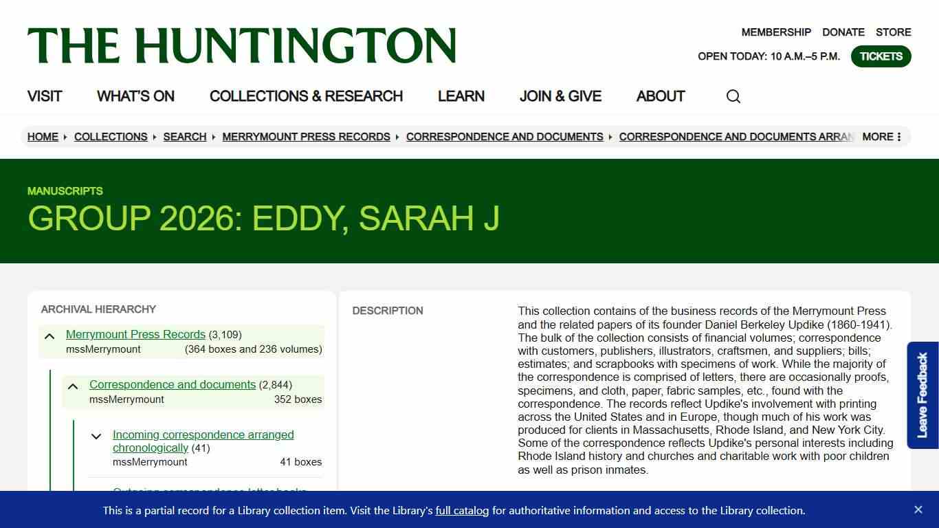 Group 2026: Eddy, Sarah J Collections The Huntington